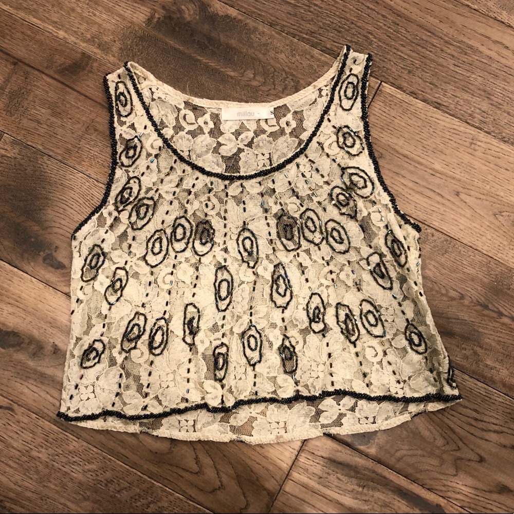 LF Millau S White Sheer Lace Black Beaded Crop Top
